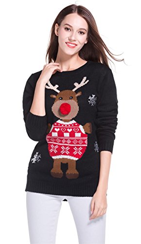 Women's Christmas Cute Reindeer Snowflakes Knitted Sweater Girl Pullover (Large, 3D Nose)