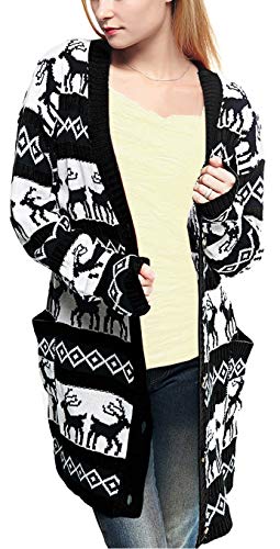 v28 Womens Oversized Christmas Reindeer Cardigan (Large, Black2ReindeerCardigan)