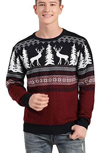 Men's Christmas Reindeer Snowman Penguin Santa and Snowflake Sweater, Color Name: Deer&Tree-View-red