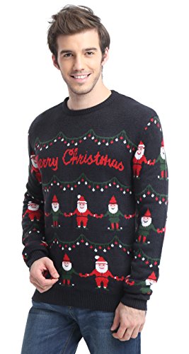 Men's Christmas Reindeer Snowman Santa Snowflakes Sweater (Large, Striped Black)