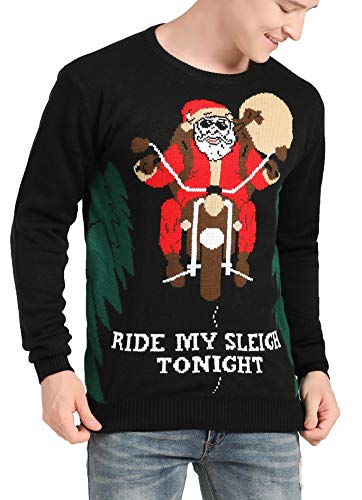 v28 Men's Christmas Reindeer Snowman Penguin Santa and Snowflake Sweater (Small, Santa-Motorbike)