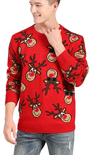 v28 Men's Christmas Reindeer Snowman Penguin Santa and Snowflake Sweater (X-Large, Rotatedeerfaces-red)