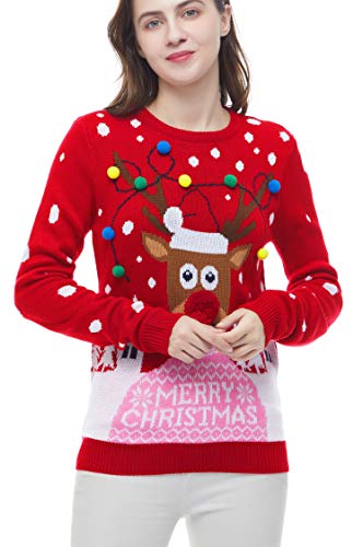 v28 Women's Patterns Reindeer Snowman Tree Snowflakes Christmas Sweater Cardigan (Large, Deer&Headlite-Pink)