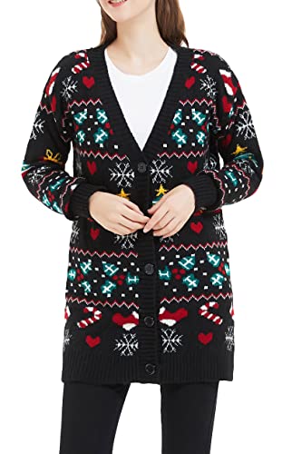 Women's Christmas Reindeer Traditional Knitted Holiday Ugly Sweater Girl Pullover Cardigan (Large, 238-Cardi-black)