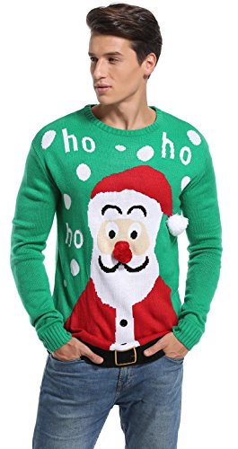 Men's Christmas Festive Cardigan Reindeer Snowman Santa Snowflakes Knitted Ugly Sweater, Color Name: Santa-HoHoHo-Green