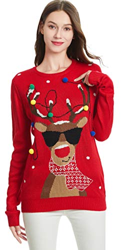 daisysboutique Women's Christmas Reindeer Themed Knitted Holiday Sweater Girl Pullover Ugly Xmas Round Neck Sweaters (Large, Lighting-smartdeer)