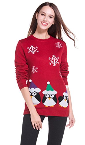 Women's Christmas Cute Reindeer Snowflakes Knitted Sweater Girl Pullover (Large, Penguins)