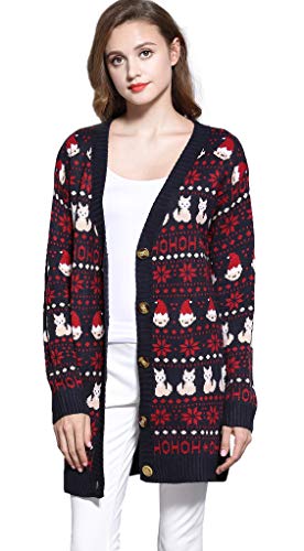 Womens Oversized Christmas Reindeer Cardigan (Large, Red3 Cardigan)