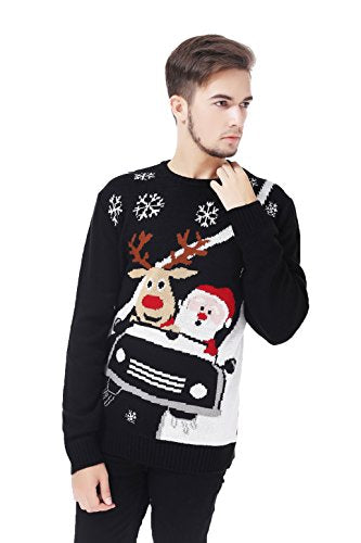 V28 Men's Christmas Reindeer Snowman Penguin Santa and Snowflake Sweater, Color Name: CarRace