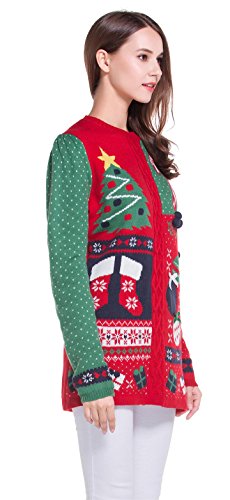 Women's Christmas Cute Reindeer Snowflakes Knitted Sweater Girl Pullover (Large, GreenRedSlves)