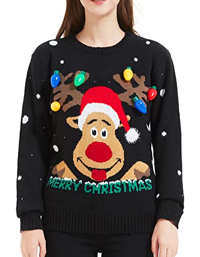 v28 Women's Christmas Reindeer Snowflakes Sweater Pullover (Tag L (US Size 10), Black-ReerFace)