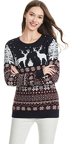 *daisysboutique* Women's Christmas Reindeer Themed Knitted Holiday Sweater Girl Pullover (Large, 2reindeerfs)