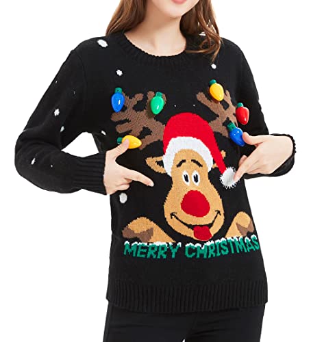 v28 Women's Christmas Reindeer Snowflakes Sweater Pullover (Tag L (US Size 10), Black-ReerFace)