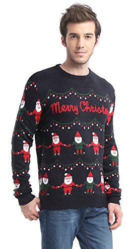 Men's Christmas Reindeer Snowman Santa Snowflakes Sweater (Large, Striped Black)