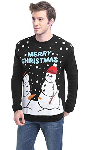 Men's Christmas Festive Cardigan Reindeer Snowman Santa Snowflakes Knitted Ugly Sweater (Large, Happy and Sad - Black)