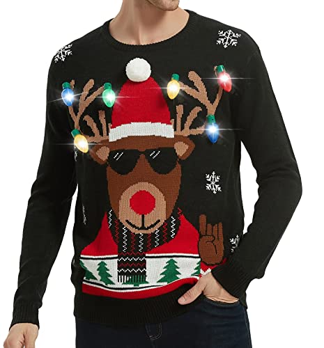 Men's Christmas Rudolph Reindeer Holiday Festive Knitted Sweater Cardigan Cute Ugly Pullover Jumper(Small, Rndrhat3dLed-M11)