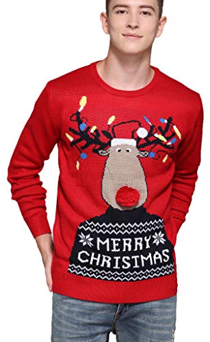 Men's Christmas Rudolph Reindeer Holiday Festive Knitted Sweater Cardigan Cute Ugly Pullover Jumper (Large, Light-up)