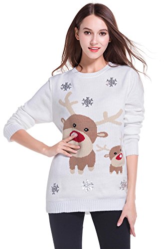 Women's Christmas Cute Reindeer Snowflakes Knitted Sweater Girl Pullover (Large, Reindeer)