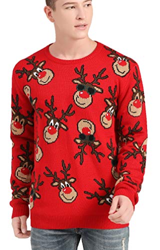 v28 Men's Christmas Reindeer Snowman Penguin Santa and Snowflake Sweater (X-Large, Rotatedeerfaces-red)