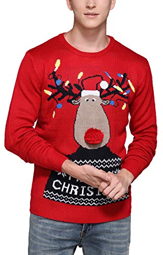 Men's Christmas Rudolph Reindeer Holiday Festive Knitted Sweater Cardigan Cute Ugly Pullover Jumper (Large, Light-up)