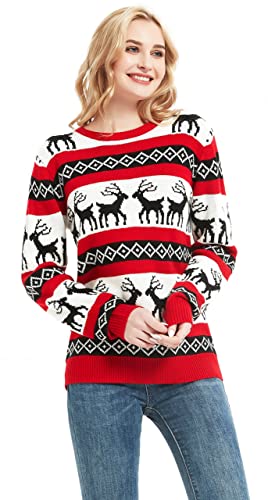 Women's Christmas Reindeer Traditional Knitted Holiday Ugly Sweater Girl Pullover Cardigan (Large, RndrPullover-F2)