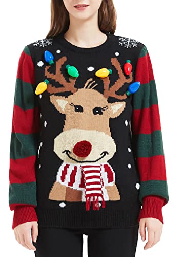 Women's Christmas Reindeer Traditional Knitted Holiday Ugly Sweater Girl Pullover Cardigan (Large, 231-Reindeer-black)