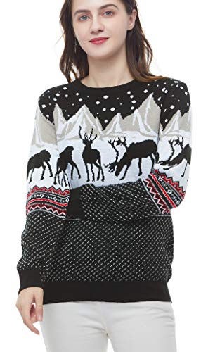 v28 Women's Patterns Reindeer Snowman Tree Snowflakes Christmas Sweater Cardigan (Large, Deer&Mountains)