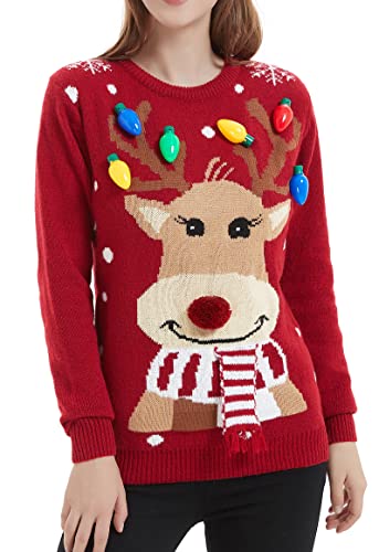 Women's Christmas Reindeer Traditional Knitted Holiday Ugly Sweater Girl Pullover Cardigan (Large, 231-Reindeer-red)