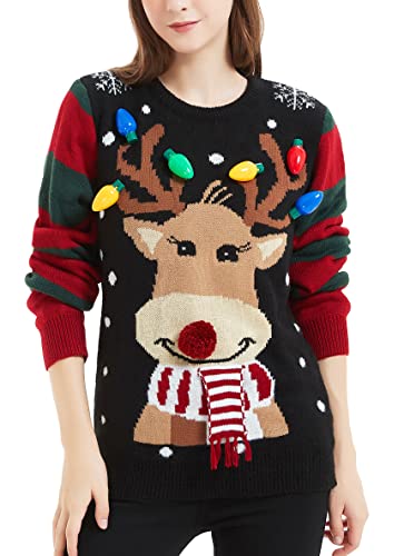 Women's Christmas Reindeer Traditional Knitted Holiday Ugly Sweater Girl Pullover Cardigan (Large, 231-Reindeer-black)