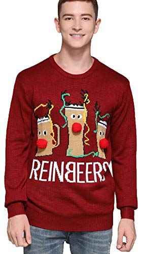 Men's Christmas Rudolph Reindeer Holiday Festive Knitted Sweater Cardigan Cute Ugly Pullover Jumper (Large, Reinbeers)