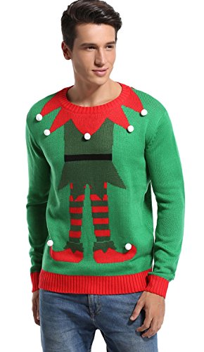 Men's Christmas Festive Cardigan Reindeer Snowman Santa Snowflakes Knitted Ugly Sweater, Color Name: Elf-Green