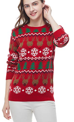 v28 Women's Patterns Reindeer Snowman Tree Snowflakes Christmas Sweater Cardigan,Long Sleeve (Large, Deer&Tree-Flakes)