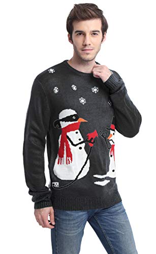 Men's Christmas Festive Cardigan Reindeer Snowman Santa Snowflakes Knitted Ugly Sweater (Large, Melt-u - Black)