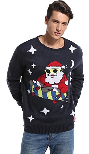 Men's Christmas Festive Cardigan Reindeer Snowman Santa Snowflakes Knitted Ugly Sweater (Large, Santa-Skateboarding)