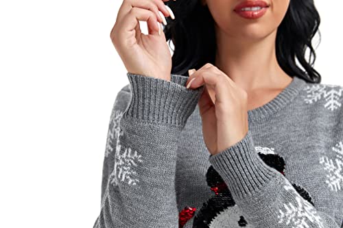 Women's Christmas Reindeer Traditional Knitted Holiday Ugly Sweater Girl Pullover Cardigan (Large, BigSequinSnwmn)