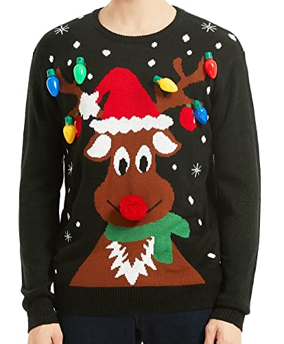 Men's Christmas Rudolph Reindeer Holiday Festive Knitted Sweater Cardigan Cute Ugly Pullover Jumper(Medium, Rndrnose3dLed-M10)