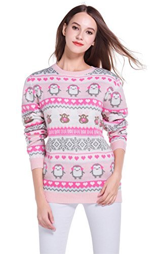 Women's Christmas Cute Reindeer Snowflakes Knitted Sweater Girl Pullover (Large, CutePink)