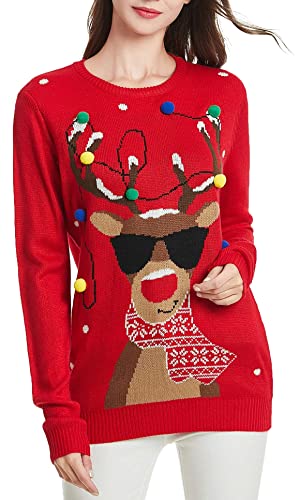 daisysboutique Women's Christmas Reindeer Themed Knitted Holiday Sweater Girl Pullover Ugly Xmas Round Neck Sweaters (Large, Lighting-smartdeer)