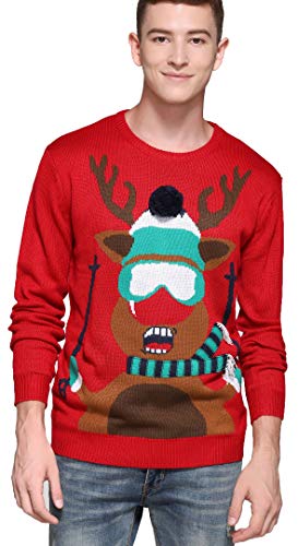 Men's Christmas Rudolph Reindeer Holiday Festive Knitted Sweater Cardigan Cute Ugly Pullover Jumper (Large, Skiing)