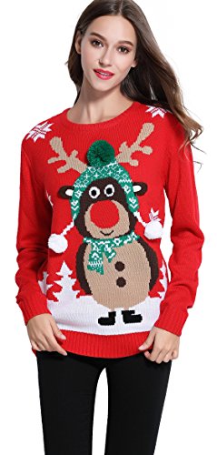 *daisysboutique* Women's Christmas Reindeer Themed Knitted Holiday Sweater Girl Pullover (Large, Warm)