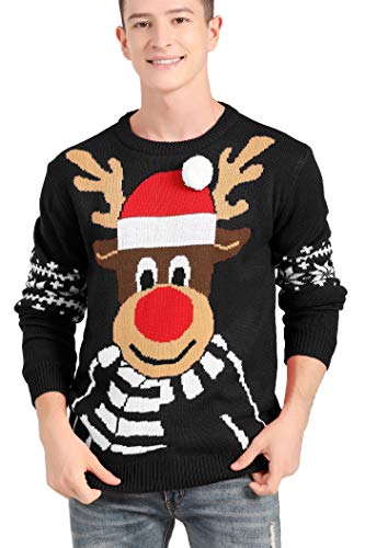 v28 Men's Christmas Reindeer Snowman Penguin Santa and Snowflake Sweater, Color Name: Deerftb-Black