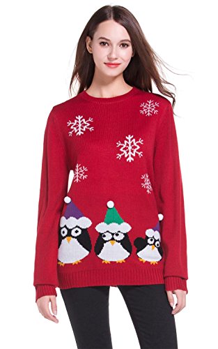 Women's Christmas Cute Reindeer Snowflakes Knitted Sweater Girl Pullover (Large, Penguins)