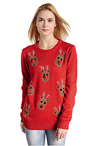 V28 Women's Christmas Reindeer Snowflakes Sweater Pullover (Tag L (US size 10), Red-3D-Nose)