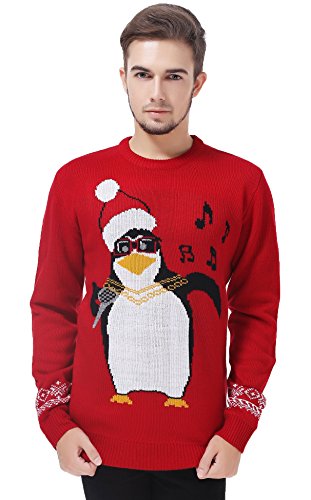 V28 Men's Christmas Reindeer Snowman Penguin Santa and Snowflake Sweater (Large, Karaoke)