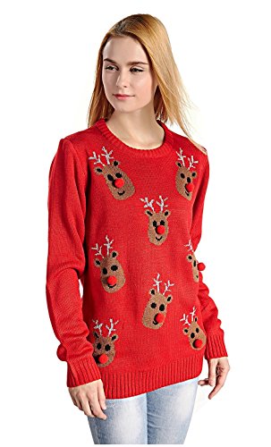 V28 Women's Christmas Reindeer Snowflakes Sweater Pullover (Tag L (US size 10), Red-3D-Nose)