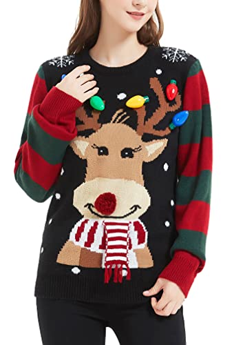 Women's Christmas Reindeer Traditional Knitted Holiday Ugly Sweater Girl Pullover Cardigan (Large, 231-Reindeer-black)