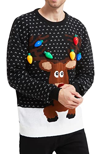 Men's Christmas Holiday Reindeer Snowman Santa Snowflakes Traditional Knitted Ugly Sweater (Large, RndfaceBlck-M17)