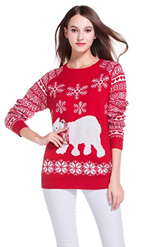 Women's Christmas Cute Reindeer Snowflakes Knitted Sweater Girl Pullover (Large, PolarBear)