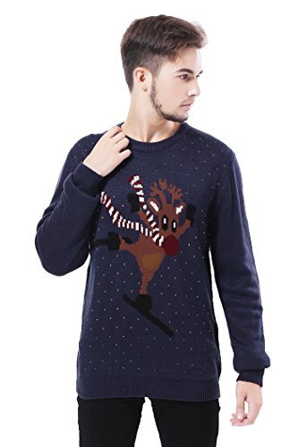 V28 Men's Christmas Reindeer Snowman Penguin Santa and Snowflake Sweater (X-Large, ReindeerSkiing)