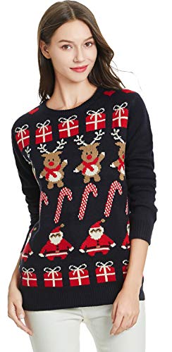 *daisysboutique* Women's Christmas Reindeer Themed Knitted Holiday Sweater Girl Pullover (Large, Gift-Deer-Cane-Santa)